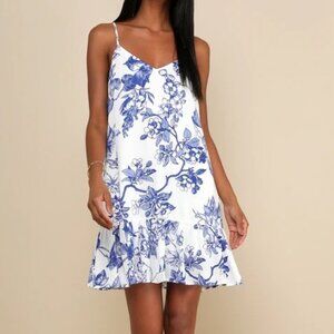 Lulu's Garden Bloom Blue and White Floral Print Ruffled Shift Dress